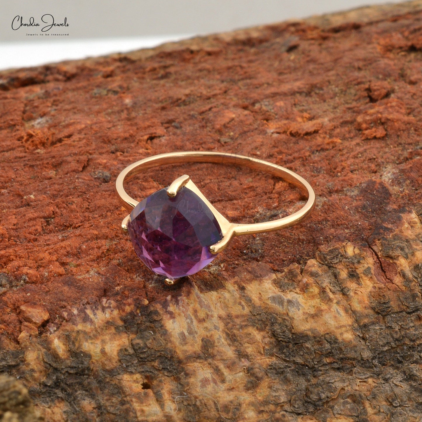 Solid 14K Yellow Gold Solitaire Ring Natural 2.4ct Amethyst Single Stone Ring For Her