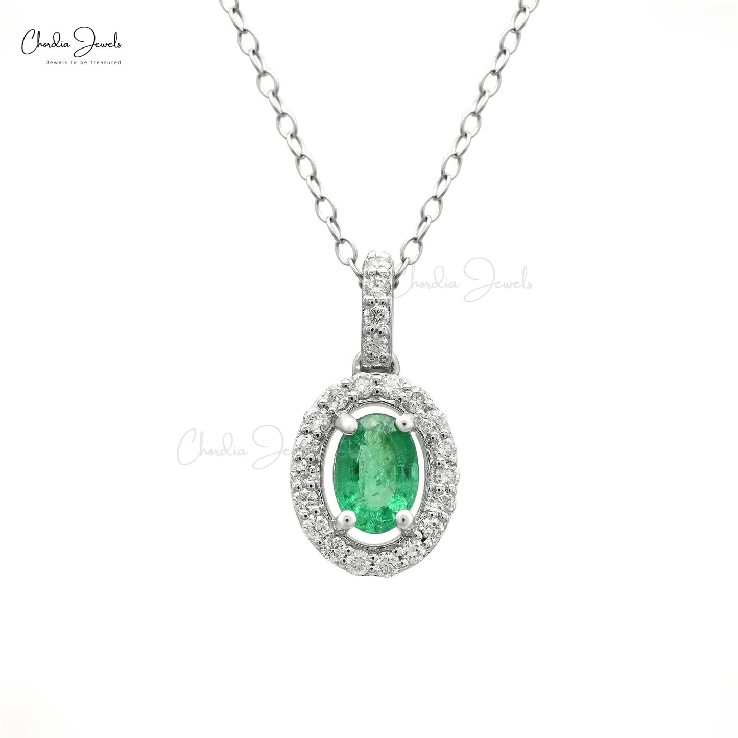 Genuine 7x5mm Emerald Dainty Pendant 14k White Gold Diamond Studded Halo Pendant For Gift