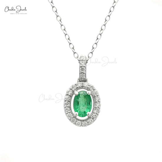 Genuine 7x5mm Emerald Dainty Pendant 14k White Gold Diamond Studded Halo Pendant For Gift