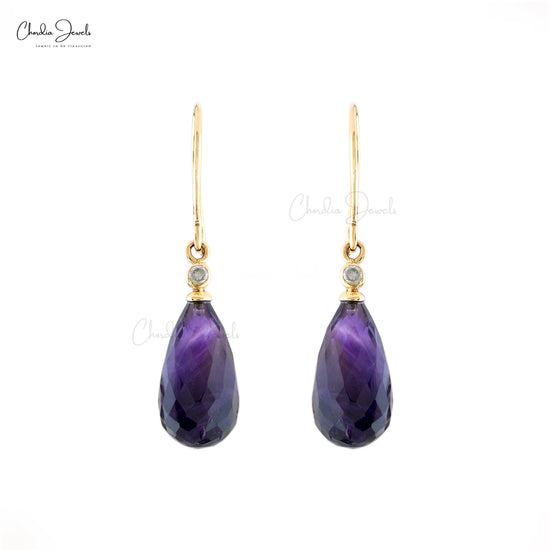 Genuine Purple Amethyst 15x7mm Drop Earrings 14k Real Gold Diamond Fish Hook Dangle Earrings Hallmarked Jewelry For Women's