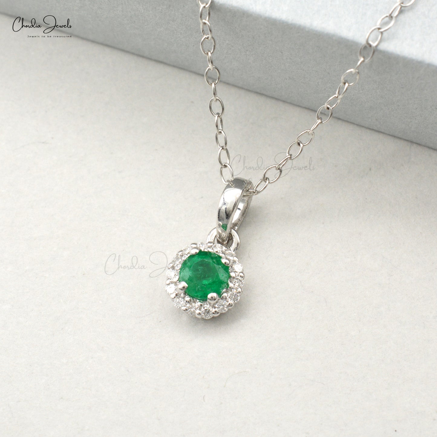 Authentic Emerald Diamond Halo Pendant Solid 14k White Gold 0.23ct Gemstone Pendant For Her