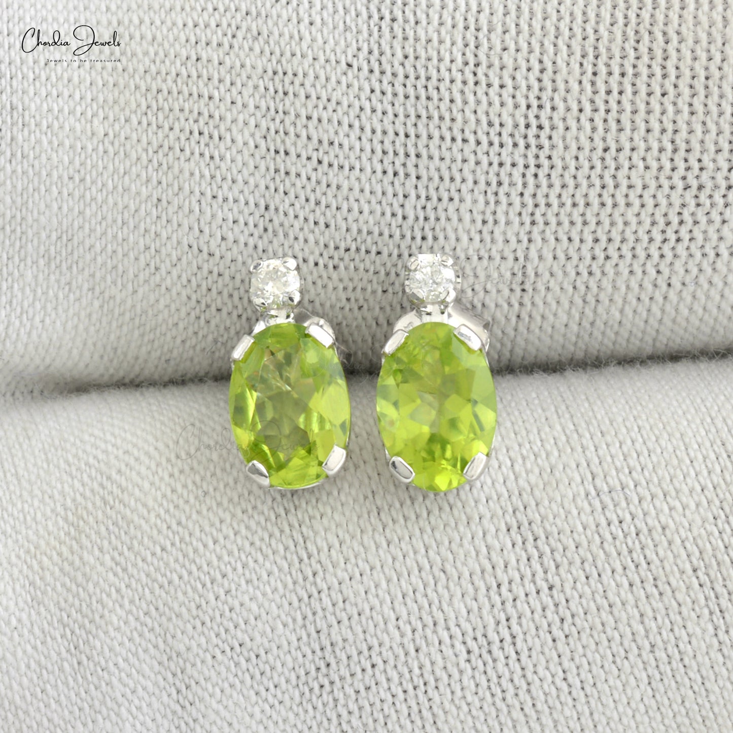 Oval Cut 7x5mm Natural Peridot Diamond Accented Studs Earrings 14k Solid White Gold Earrings For Her