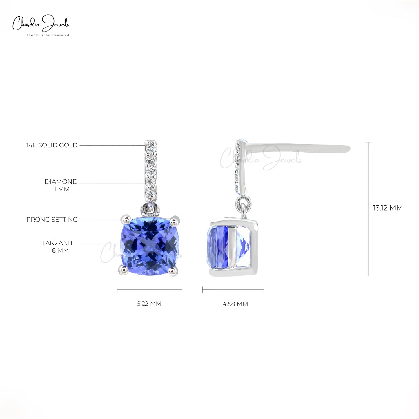 Natural Tanzanite Gemstones Earrings with Accented Diamonds in 14k White Gold