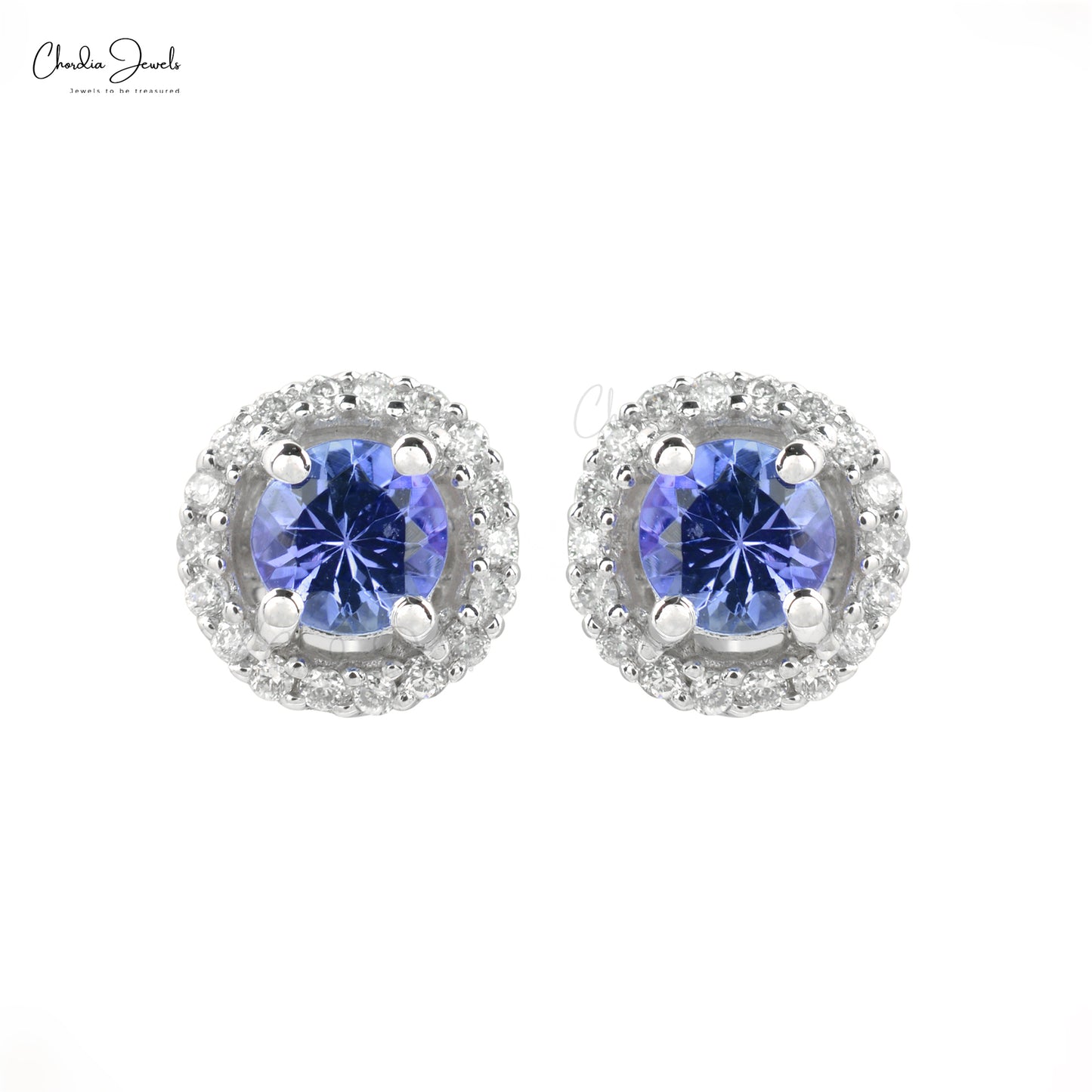 Elegant Tanzanite Diamond Halo Earrings in 14k Solid White Gold Round-Cut Delicate Studs For Gift