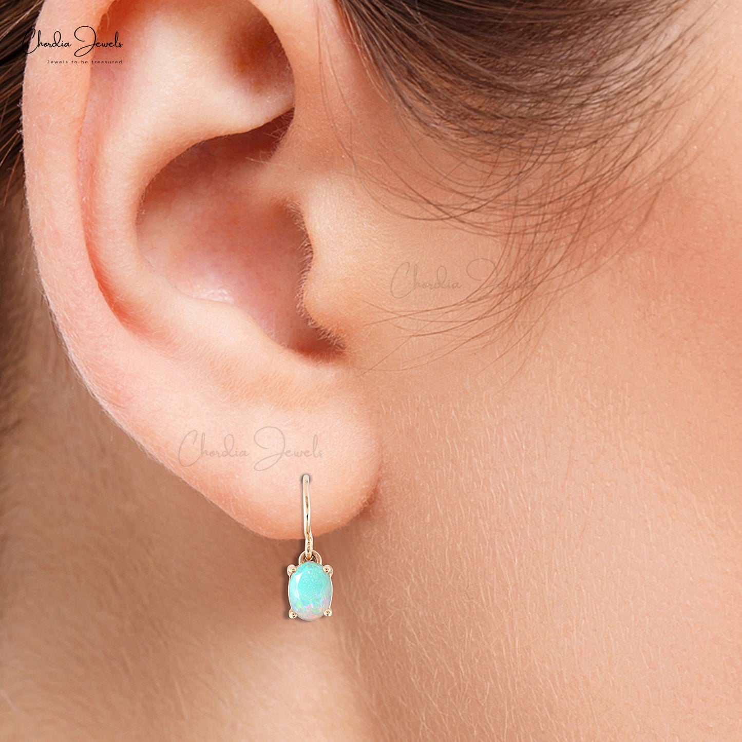 Natural Opal Earrings 7x5mm Oval Cut Gemstone Prong Set Earrings 14k Solid Rose Gold Dangle Earrings For Birthday Gift