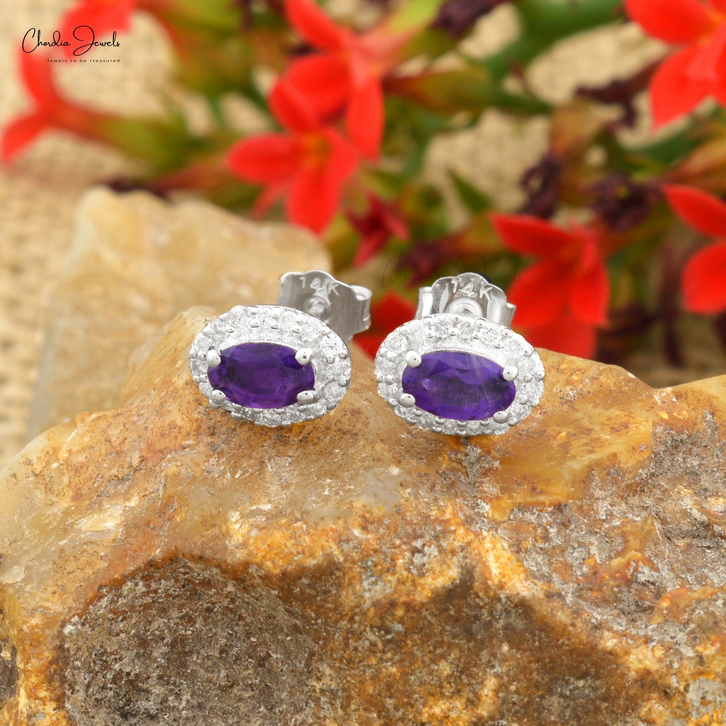 Natural Amethyst stud in 14k White Gold diamond halo earrings