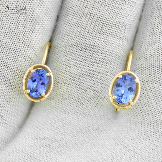 Natural 1.6ct Tanzanite Dangle Earrings 14k Solid Yellow Gold Leverback Earring For Gift