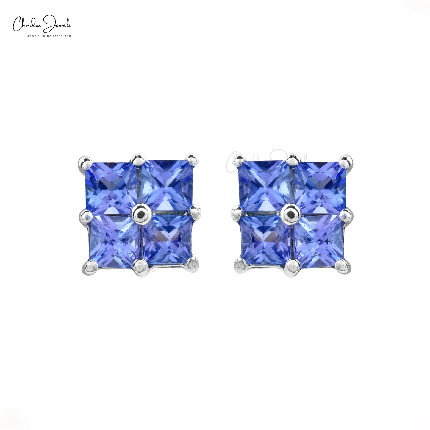 square-cut tanzanite cluster earrings in 14k white gold