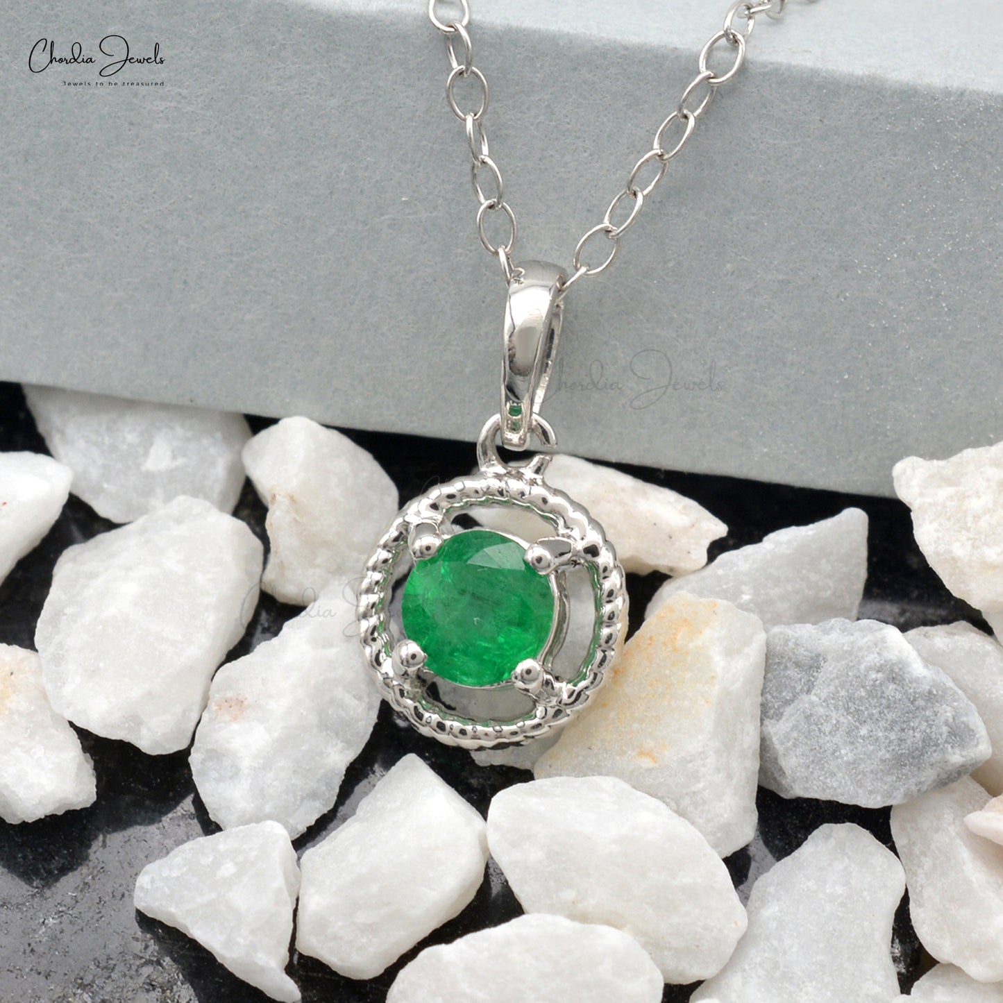 Spiral Pendant With Natural Emerald 14k Solid White Gold Solitaire Pendant For Women