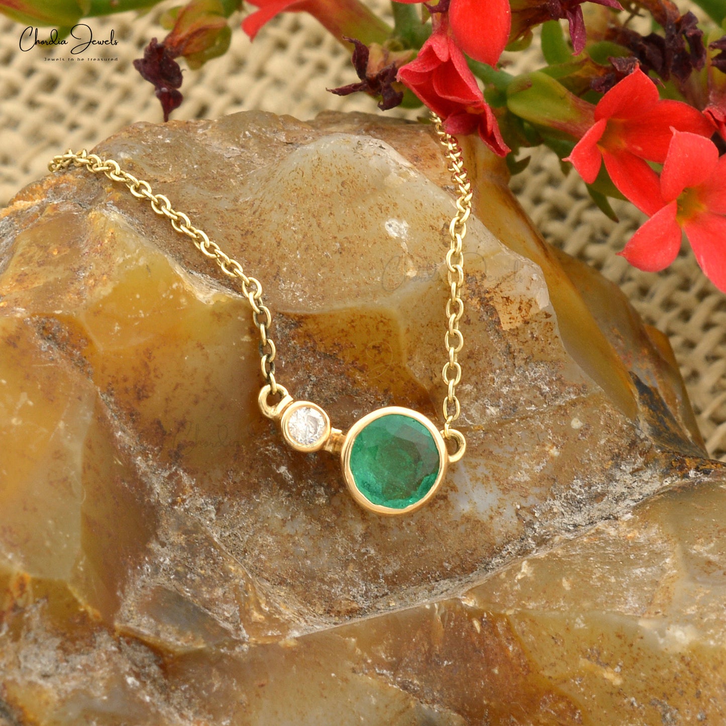 Natural Emerald & Diamond 2-Stone Necklace 14k Yellow Gold Sleek Bezel Set Necklace For Mother's Day