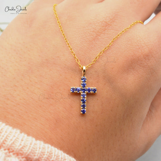 Real 14k Yellow Gold Cross Locket Pendant 2mm Round Cut Pave Set Natural Tanzanite Religious Pendant Fine Jewelry For Anniversary