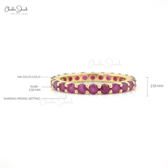 Natural Ruby Round Cut 2.50mm Gemstone Eternity Band 14k Solid Yellow Gold Dainty Eternity Band For Engagement