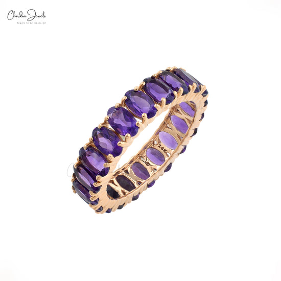 Exquisite 14k Real Rose Gold Eternity Band Genuine Amethyst Gemstone Shared Prong Ring