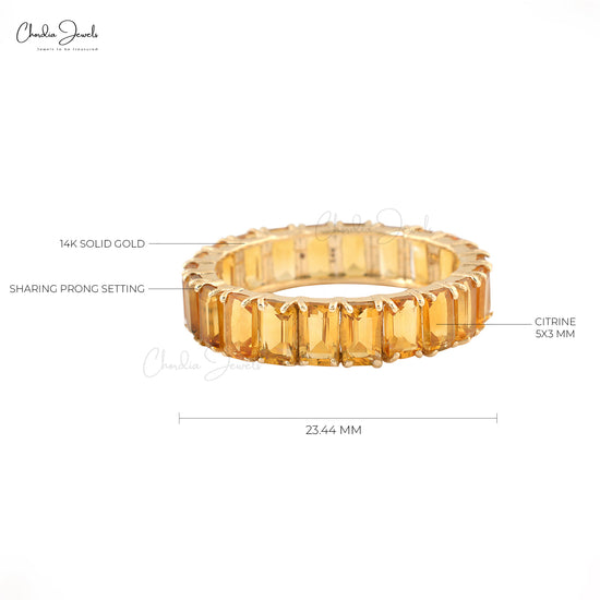 Genuine Citrine November Birthstone Eternity Band Ring 5x3mm Octagon Cut Gemstone Ring Size US-5 14k Solid Yellow Gold Ring For Engagement