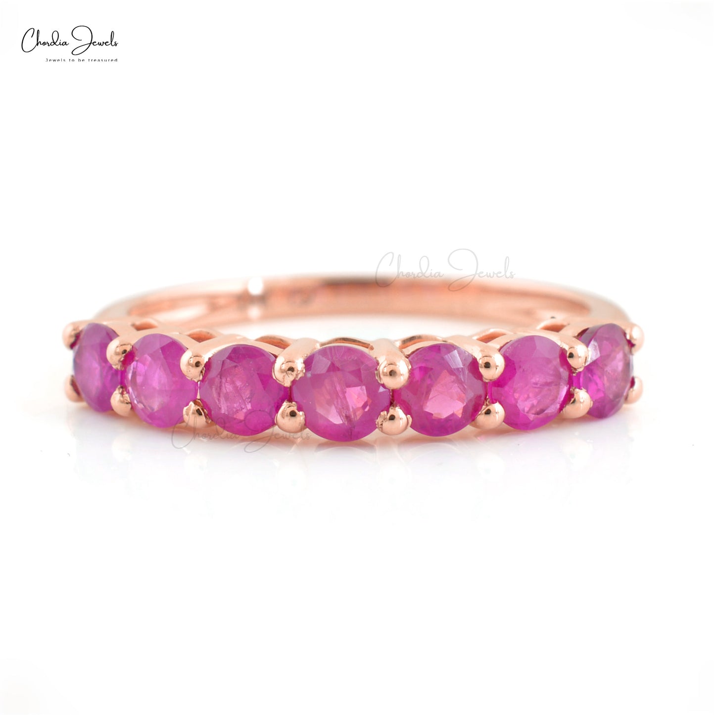 Solid 14k Rose Gold 7 Stone Ring with Genuine 3mm Ruby Handcrafted Half Eternity Ring