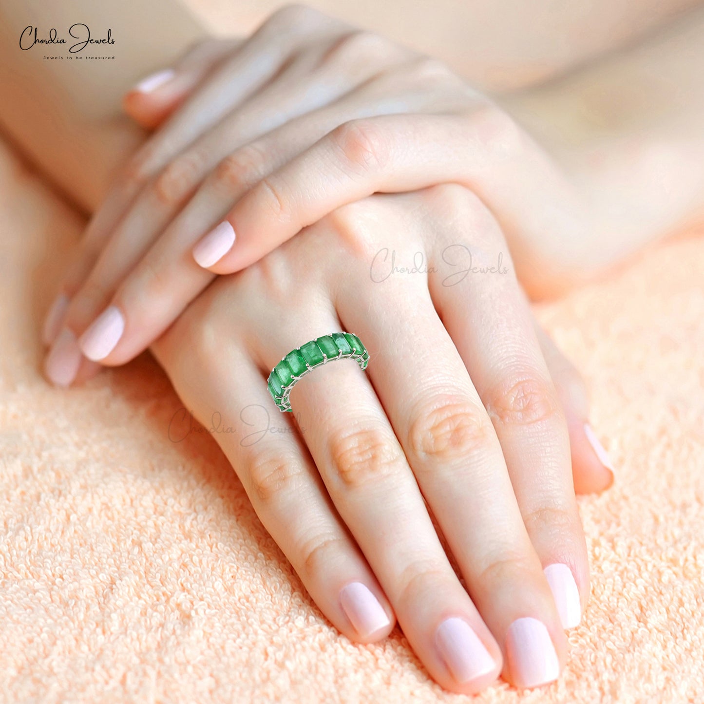 Genuine Emerald Eternity Ring 6x4mm Emerald Cut Gemstone Ring 14k Solid White Gold Ring For Engagement