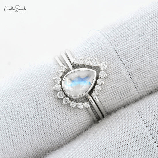 Rainbow Moonstone 14k Solid White Gold Diamond Ring For Gift 7x5mm Pear Natural Gemstone Bezel Set Ring For Anniversary Gift