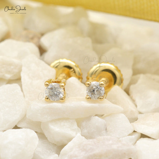 Dainty White Diamond Solitaire Studs Solid 14k Yellow Gold Fine Stone Simple Earrings