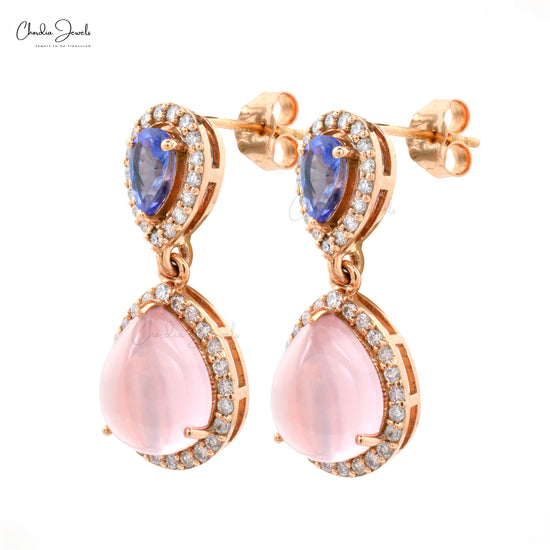 Dainty Tanzanite & Rose Quartz Dangle Earrings 14k Rose Gold Diamond Halo Earrings For Her