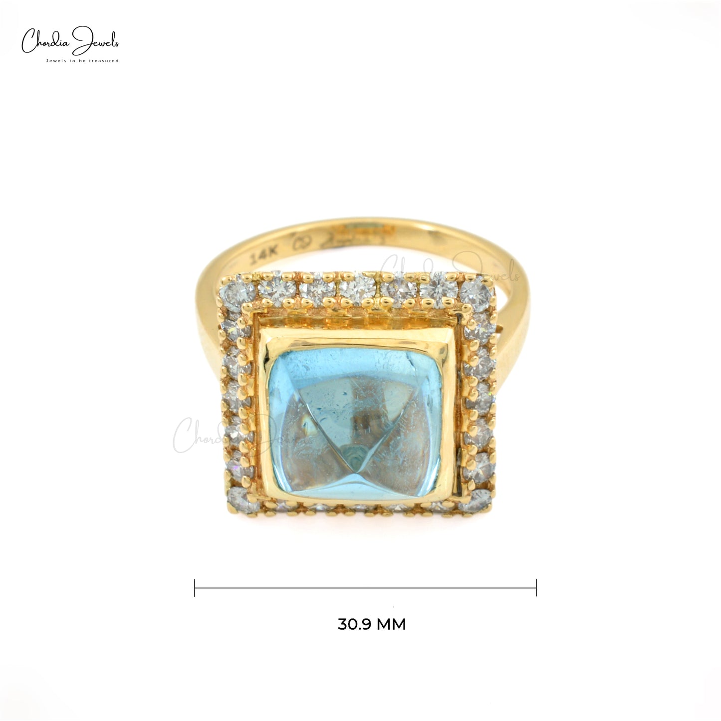 Genuine Aquamarine Sugarloaf Halo Ring Size US-7 14k Solid Gold Diamond Ring For Her
