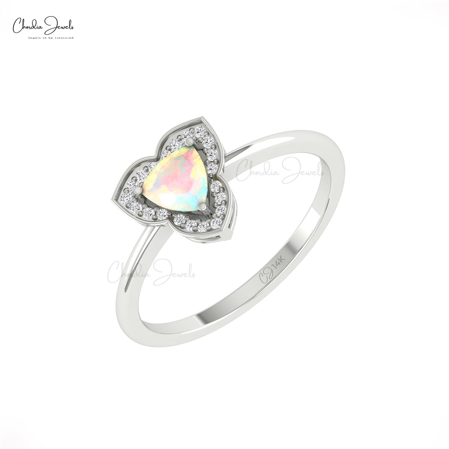 Natural Ethiopian Opal Diamond Halo Ring 14k Solid Gold Trillion Ring For Anniversary Gift