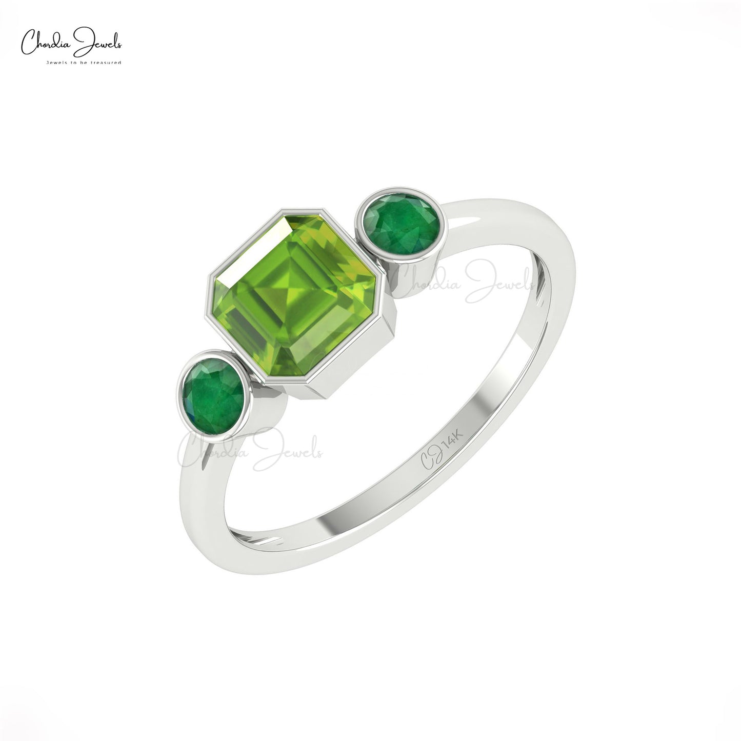 Genuine Peridot & Emerald Gemstone Combination Ring 14k Solid Gold Handcrafted 3-Stone Ring
