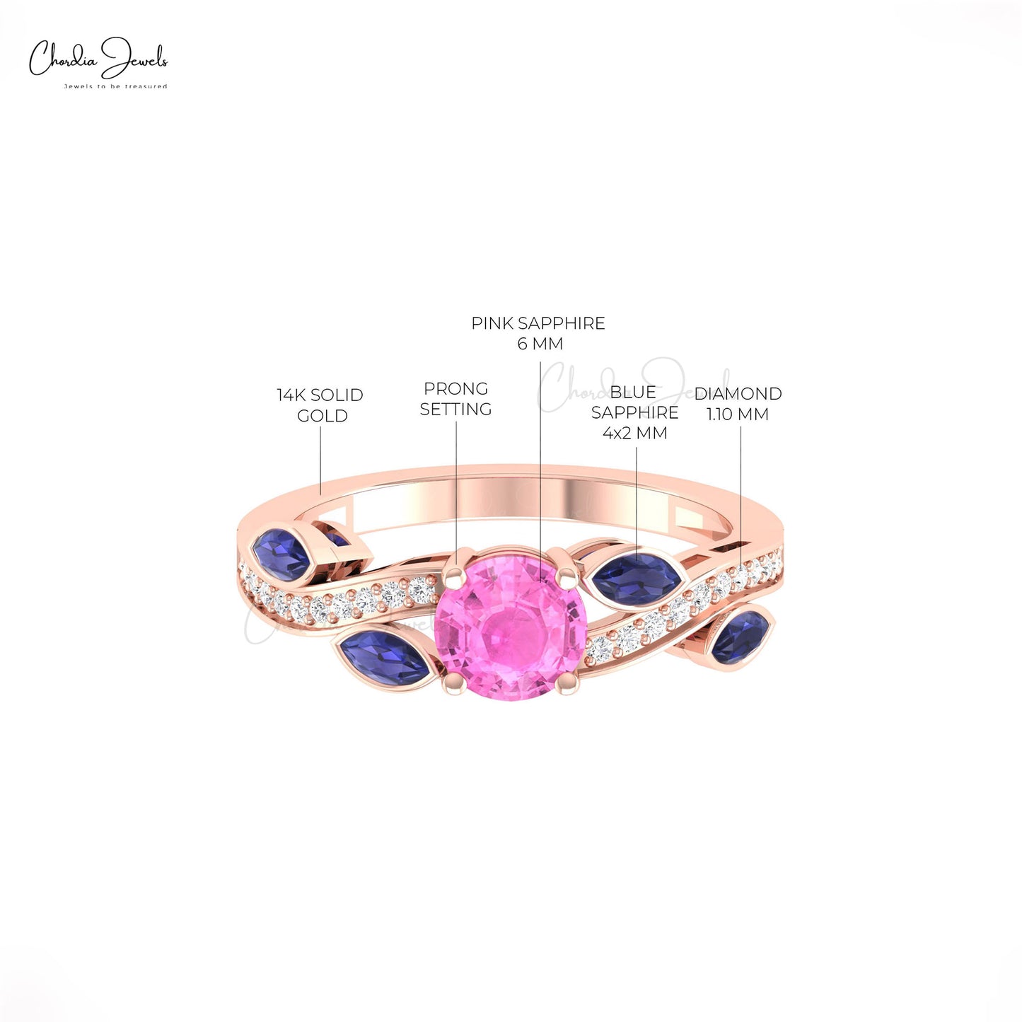 Natural Pink & Blue Sapphire Gemstone Floral Ring 14k Solid Gold Diamond Accent Promise Ring