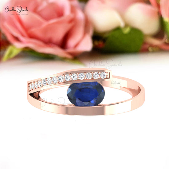 Natural 1.1ct Blue Sapphire Bypass Ring 14k Solid Gold Diamond Accented Unique Ring For Her