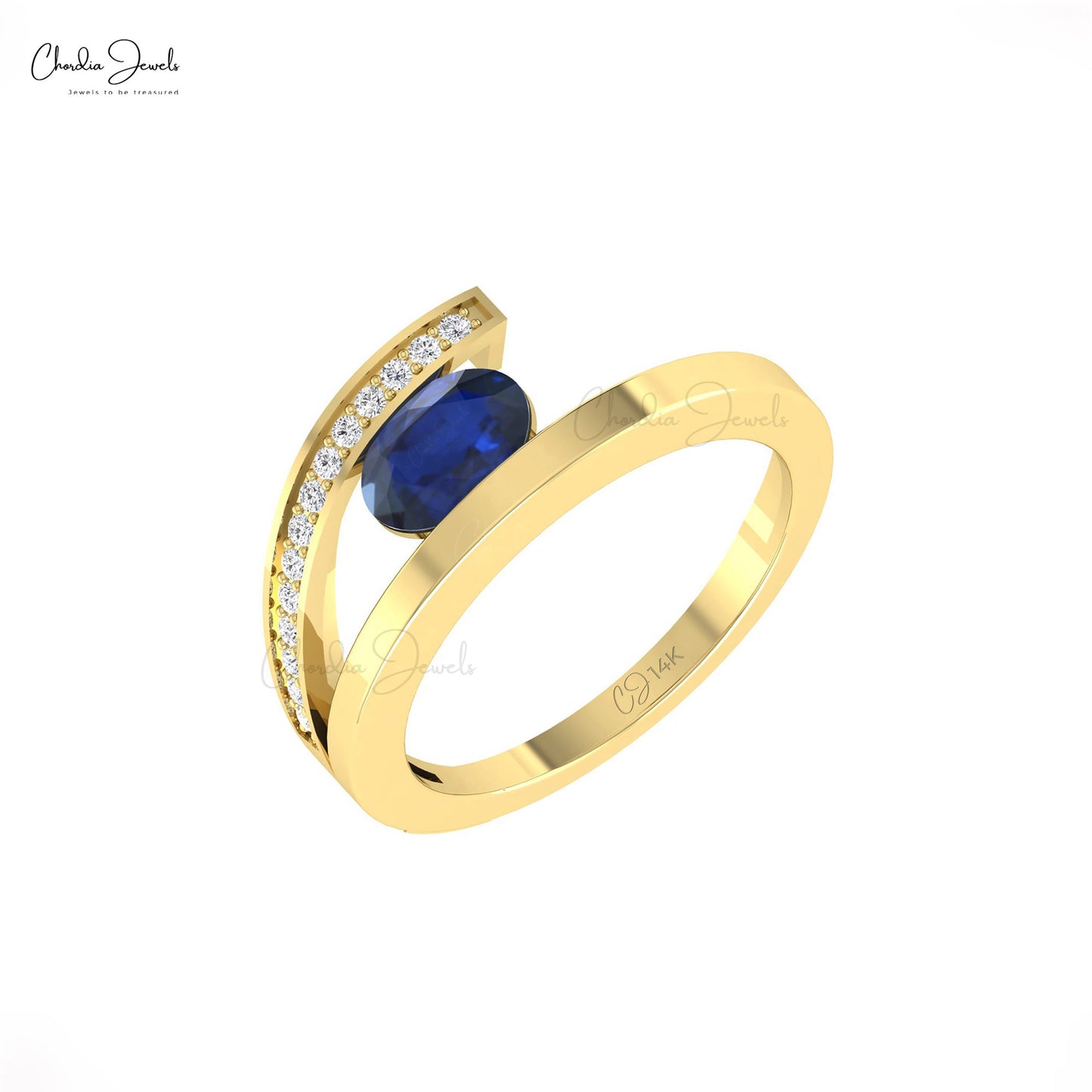 Natural 1.1ct Blue Sapphire Bypass Ring 14k Solid Gold Diamond Accented Unique Ring For Her