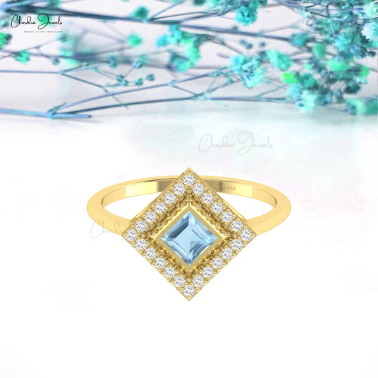 Classic 14k Gold Diamond Halo Engagement Ring Authentic Aquamarine Gemstone Bezel Set Ring
