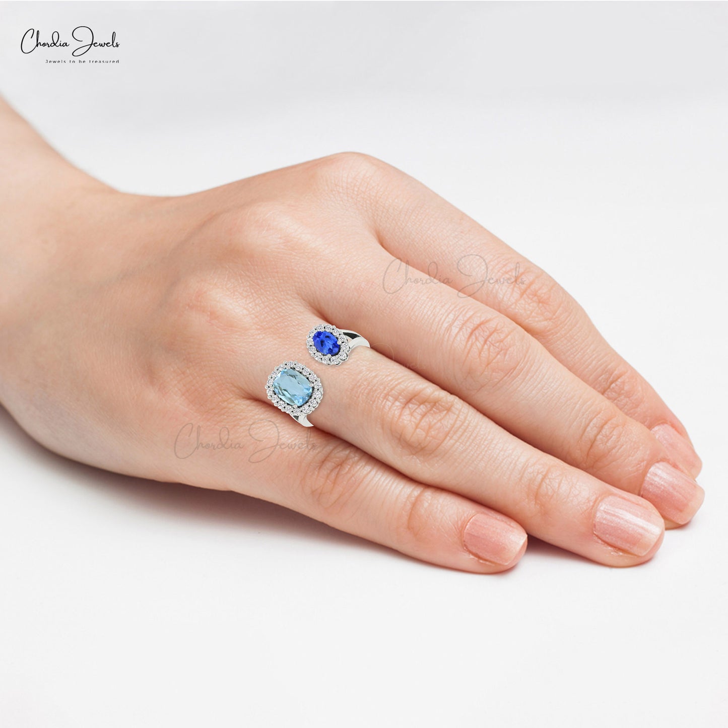 Open Shank Diamond Halo Ring In 14k Solid Gold Natural Tanzanite & Aquamarine Wedding Ring