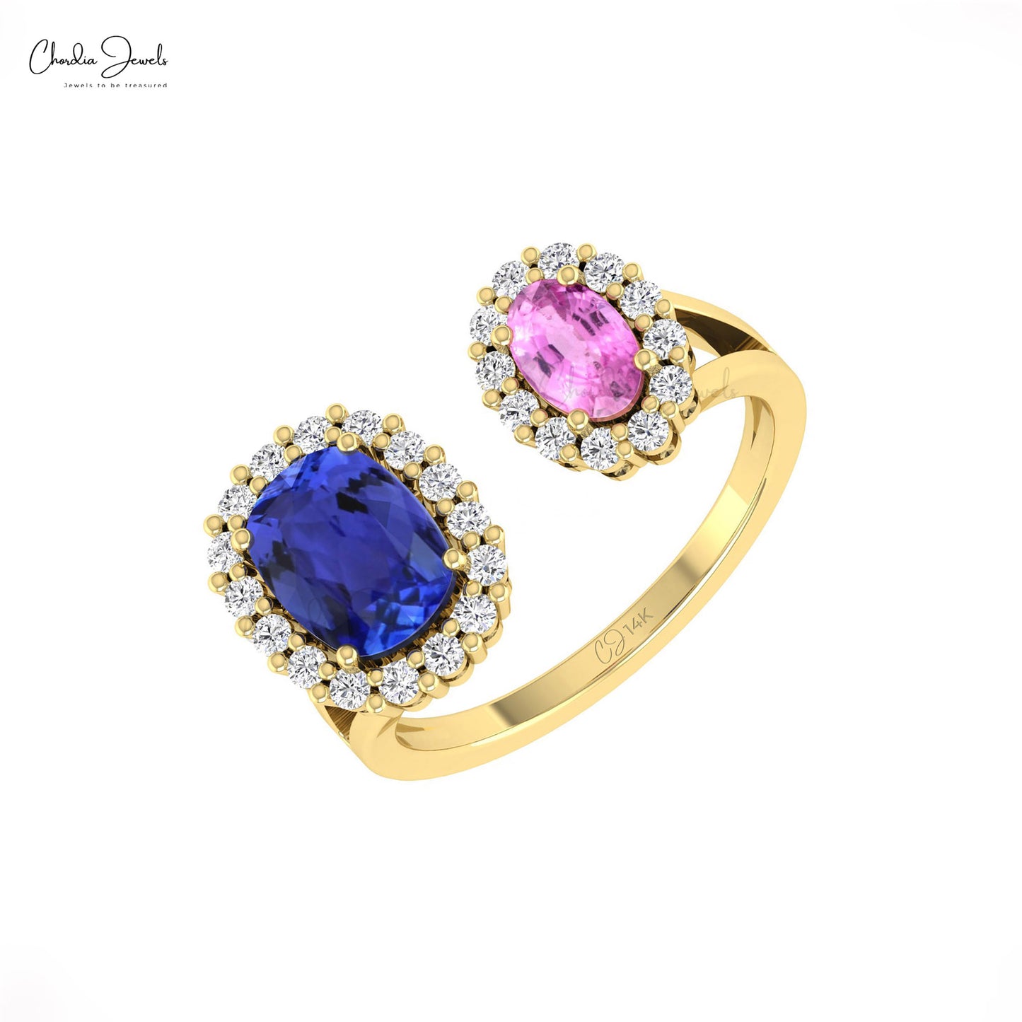 Two Stone Tanzanite & Pink Sapphire Ring With Diamond Accents In 14k Real Gold For Birthday Gift