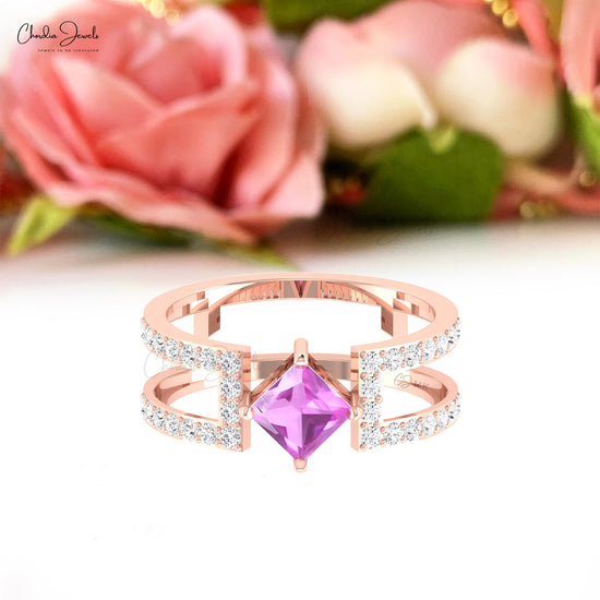 Parallel Split Shank Ring In 14k Solid Gold Genuine Pink Sapphire & Diamond Unique Ring