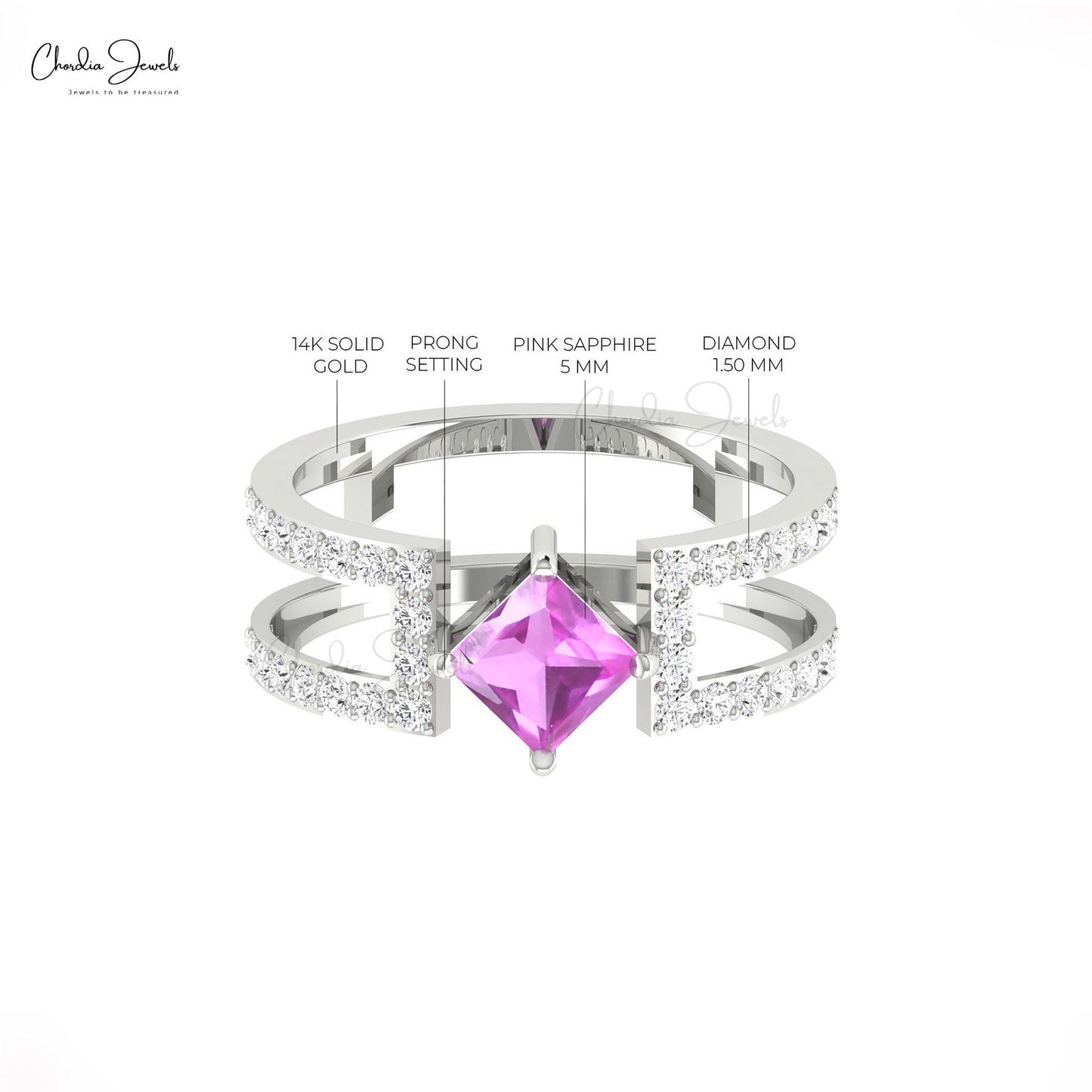 Parallel Split Shank Ring In 14k Solid Gold Genuine Pink Sapphire & Diamond Unique Ring