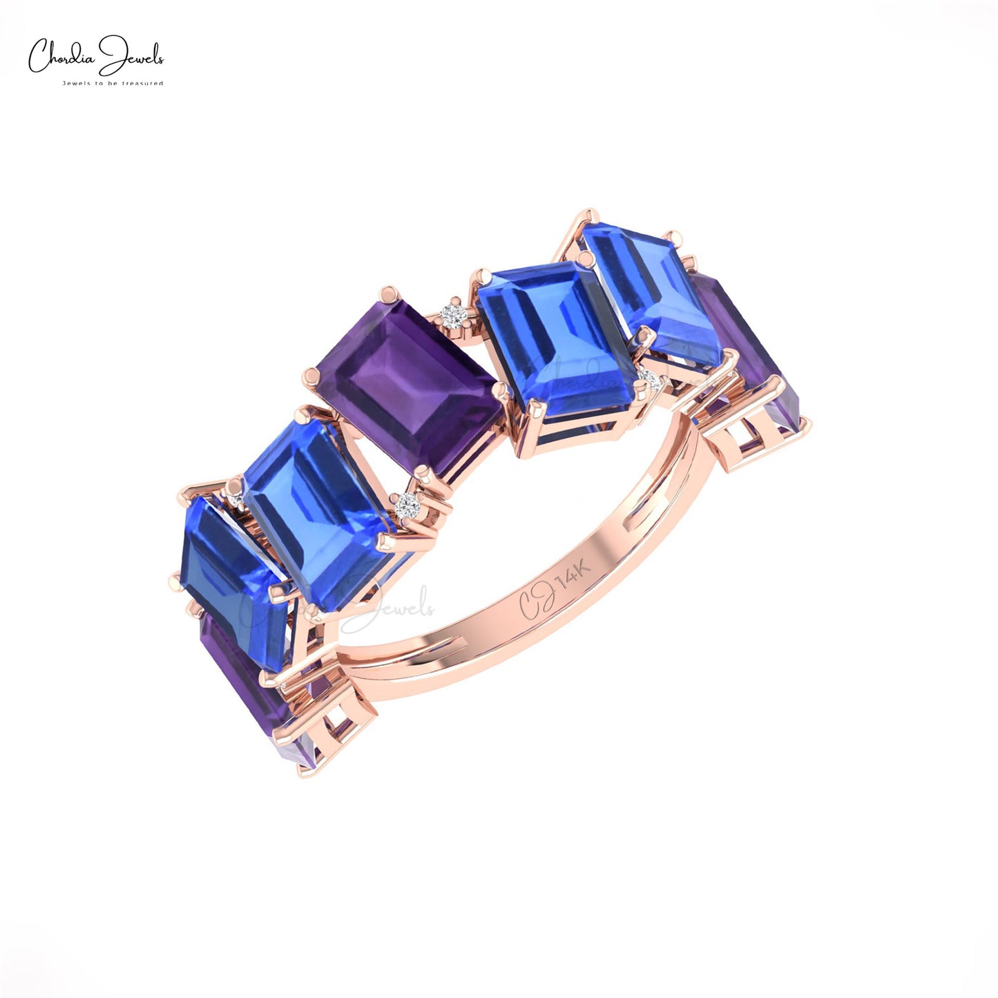 14k Gold Half Eternity Amethyst Cluster Ring with Tanzanite & Diamonds