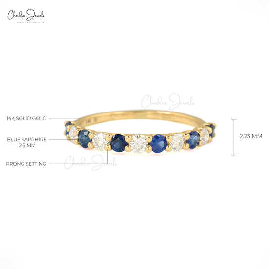Natural Blue Sapphire Half Eternity Band 2.5mm Round Gemstone 14k Solid Yellow Gold Diamond Eternity Ring For Her