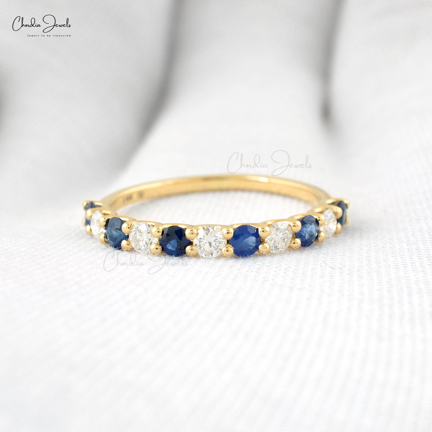 Natural Blue Sapphire Half Eternity Band 2.5mm Round Gemstone 14k Solid Yellow Gold Diamond Eternity Ring For Her