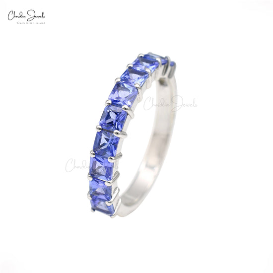 Solid 14k White Gold Half-Eternity Band Authentic 1.66ct Tanzanite Gemstone Dainty Ring