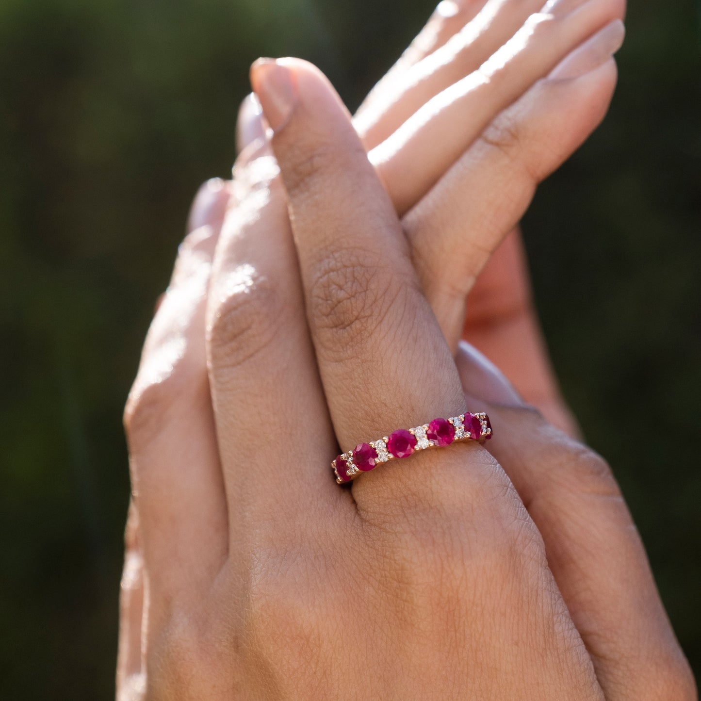 Stackable Diamond Ring In 14k Yellow Gold Ruby 4mm Round Full Eternity Women Band Rings