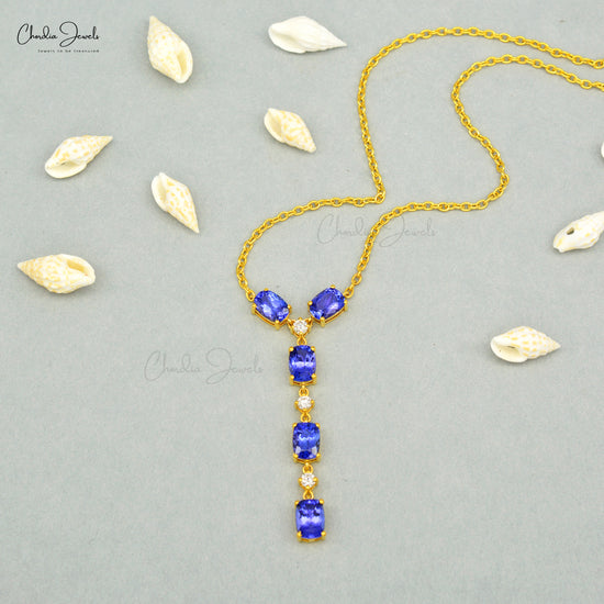 Genuine Tanzanite & Diamond Lariat Necklace 14k Real Yellow Gold Light Weight Necklace