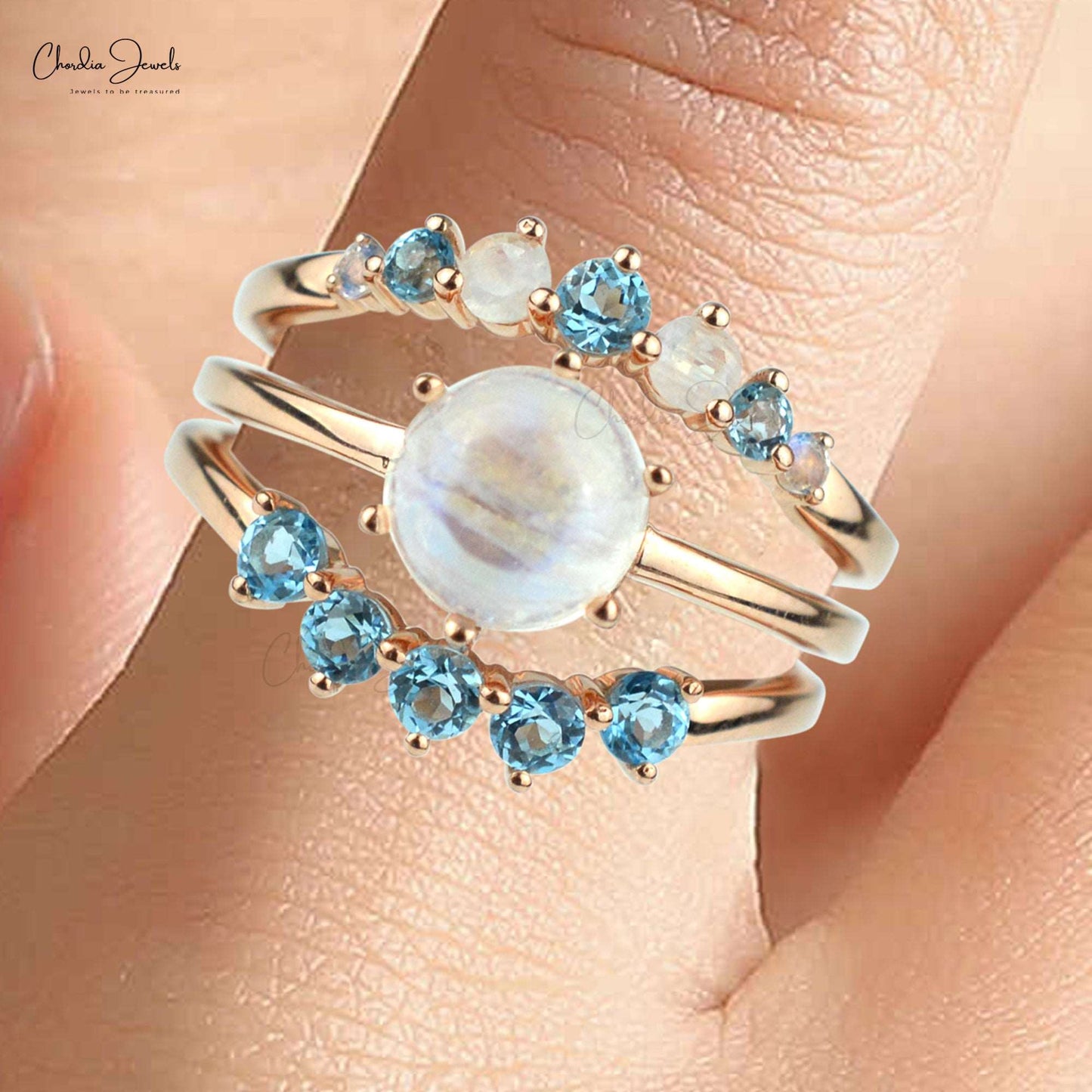 100% Natural Rainbow Moonstone With Swiss Blue Topaz Ring Round Stackable Gemstone Engagement Ring in 925 Sterling Silver At Wholesale Price