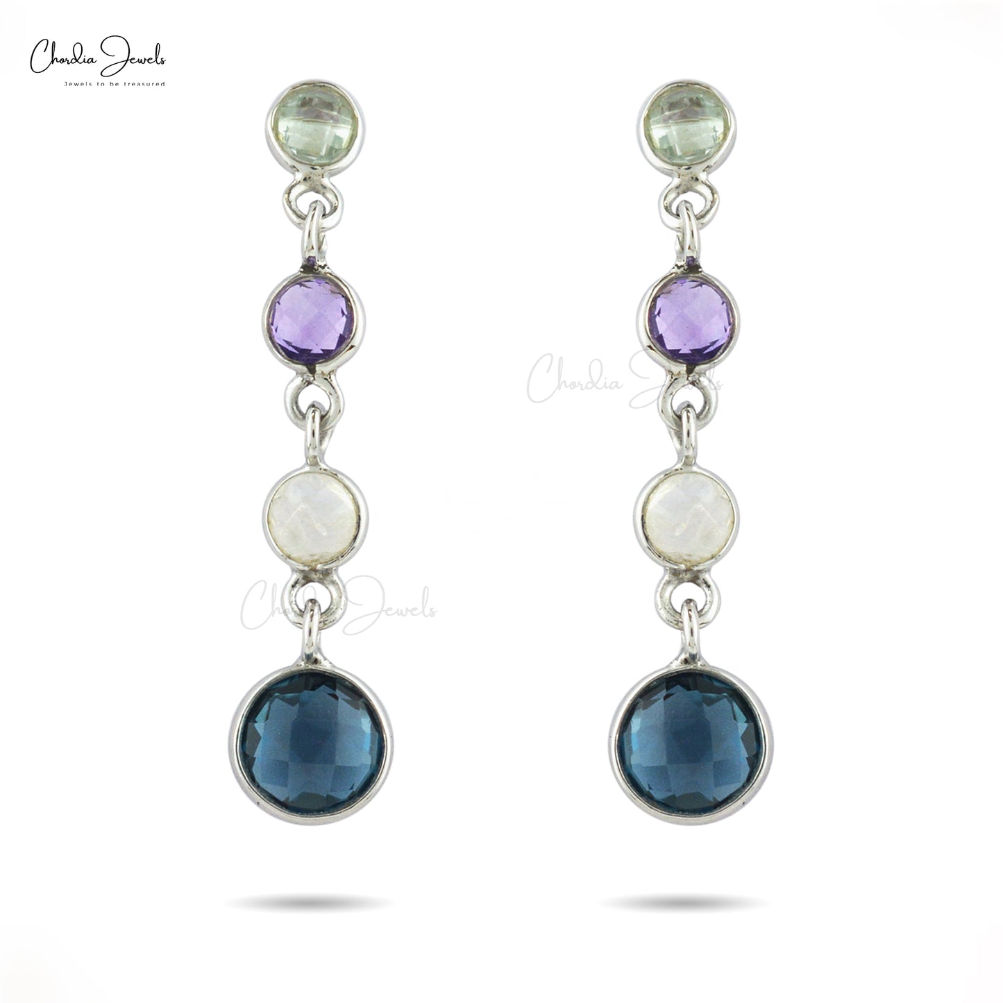 Four Stone Push Back Earrings In 925 Sterling Silver Multi Gemstone Women Earrings