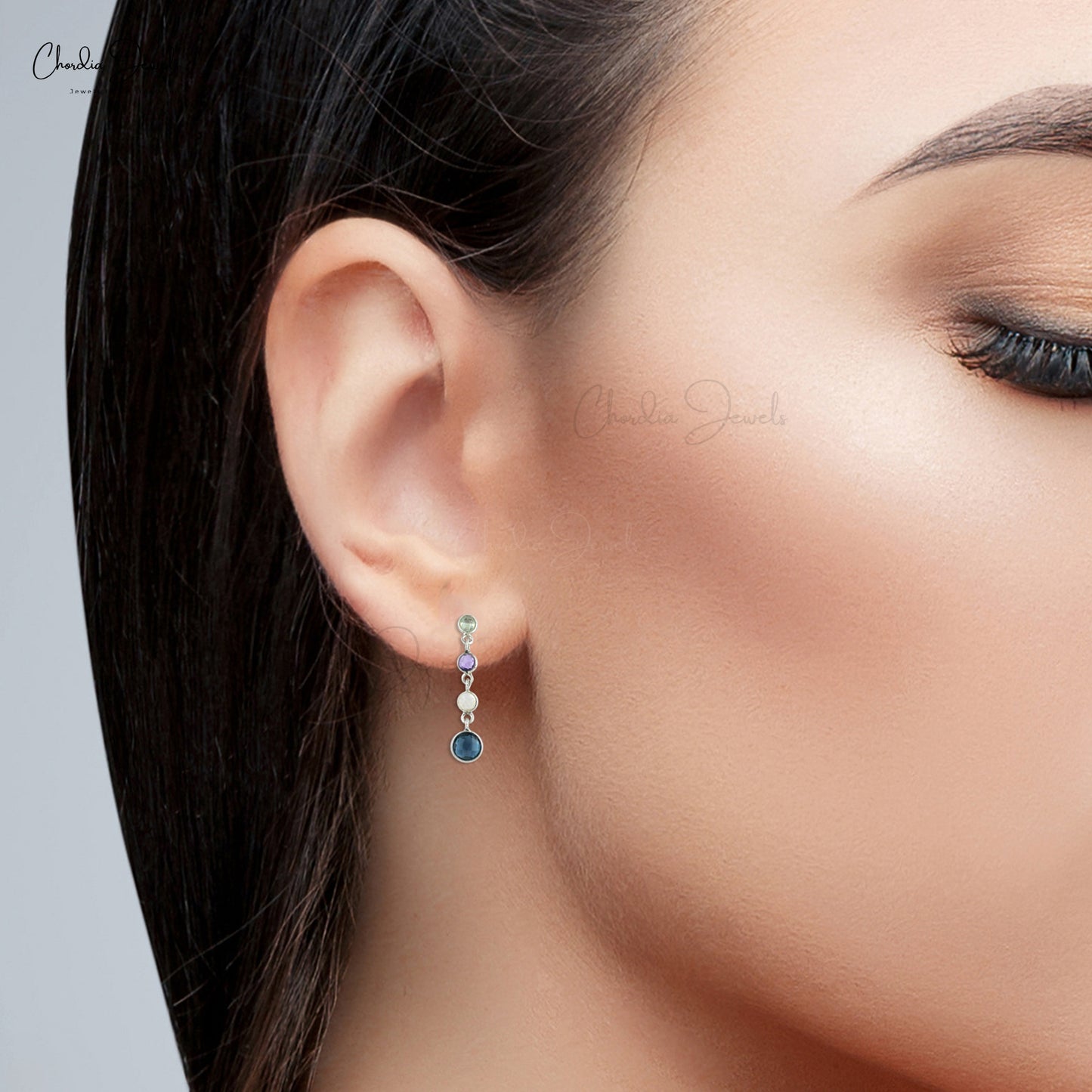 Four Stone Push Back Earrings In 925 Sterling Silver Multi Gemstone Women Earrings