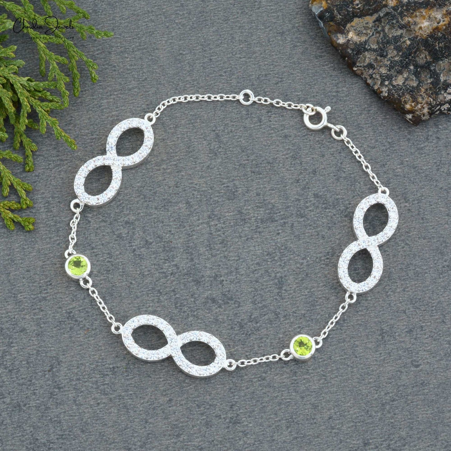 100% Natural Peridot & Zircon Flexible Infinity Silver Bracelet High Quality Jewelry At Offer Price