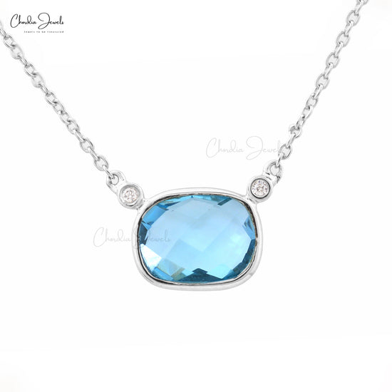 Genuine Swiss Blue Topaz Matinee Necklace 14k Solid White Gold Round Cut Diamond Necklace For Women's
