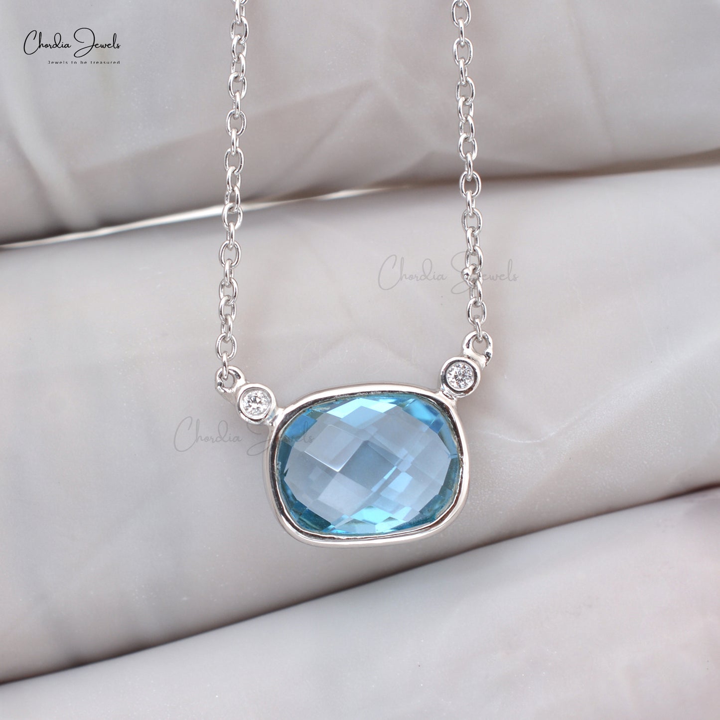 Genuine Swiss Blue Topaz Matinee Necklace 14k Solid White Gold Round Cut Diamond Necklace For Women's