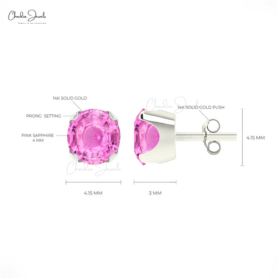 AAA Pink Sapphire Earrings For Gift 14k Real Gold Earrings Set 4mm Round Cut Gemstone Studs Hallmarked Jewelry