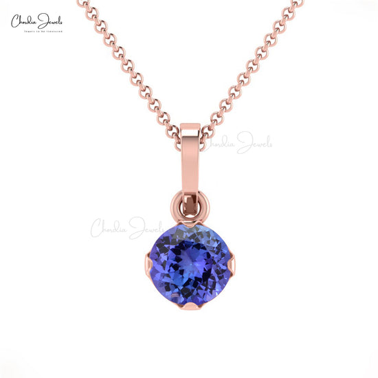 Elegant Round Shape Natural Blue Tanzanite Solitaire Pendant Necklace 14k Solid Gold Light Weight Jewelry For Women