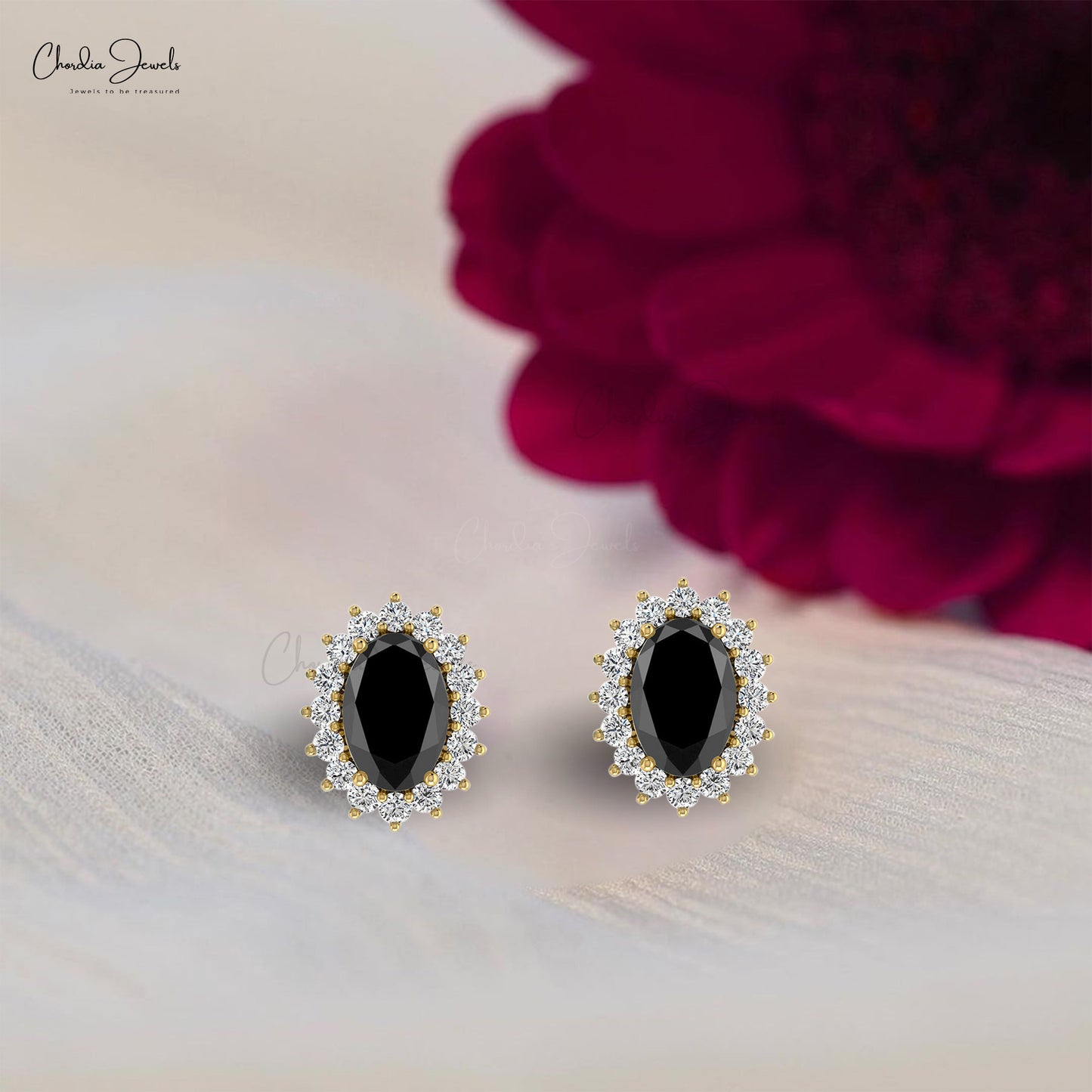 Natural Black Diamond Halo Earrings For Her 14k Real Gold White Diamond Earrings 6x4mm Oval Cut Gemstone Wedding Gift Earrings