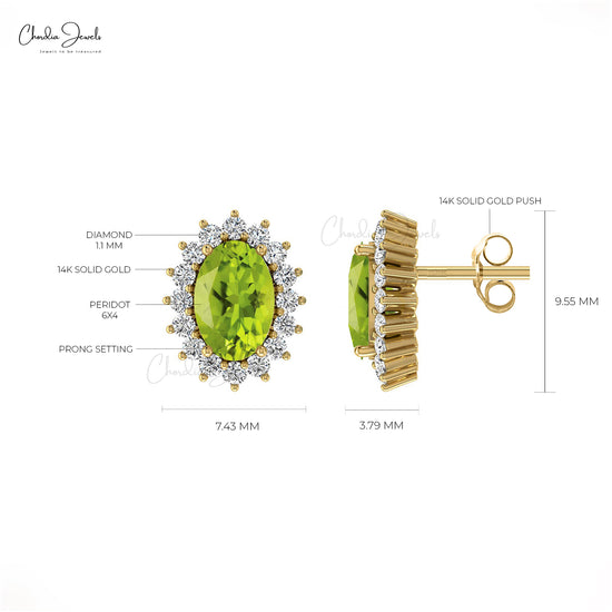 Green Peridot 6x4mm Oval Cut Gemstone Earrings For Summer Jewelry 14k Real Gold Diamond Prong Set Handmade Earrings